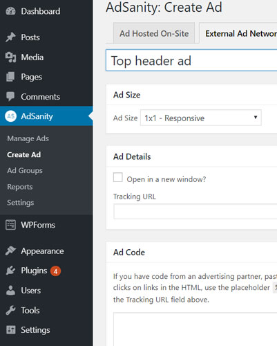 create ads in adsanity